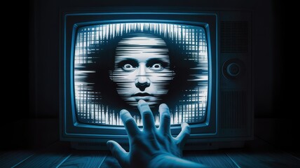 Horror hand reaching toward haunted television screen with ghostly face eerie blue glow creepy retro analog TV horror concept art