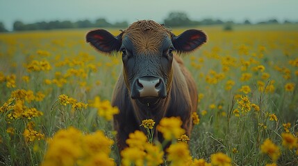 Brown calf standing in a field of yellow flowers.