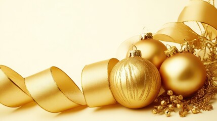 Golden Christmas Ornaments and Ribbon on Cream Background with Glittering Accents Holiday Decorations Festive Celebration Concept