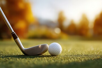Golf Club Next To Golf Ball On Green Grass Ready To Strike With Blurred Sunlight Background Trees And Sky Under Bright Day For Sport Recreation