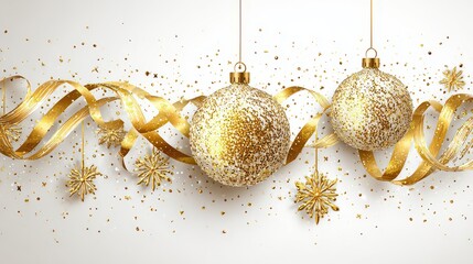 Golden Christmas Ornaments with Twirling Ribbon and Confetti on White Background