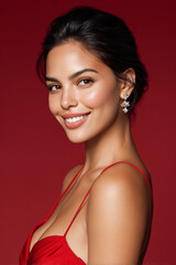 Elegant Mexican woman, refined with modern appearance, wearing a sophisticated evening gown, with red background 