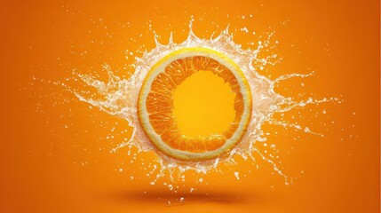 Bright Orange Slice with Splashing Water on Orange Background Studio Shot