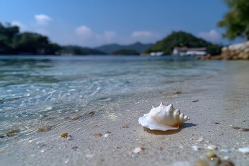 Close Up White Seashell on Sandy Beach with Sparkling Blue Water and Distant Green Hills in Tropical Sunlight