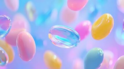 Colorful Pastel Jelly Beans Scattered on Soft Blue and Pink Gradient Background With Iridescent Light Accents
