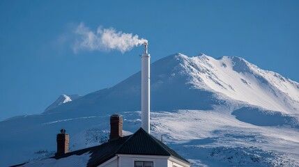 Snowy Mountain Peak and Chimney Puffing Smoke Under Blue Sky In Winter
