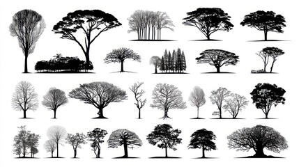Monochrome Silhouette of Diverse Tree Species Against White Backdrop