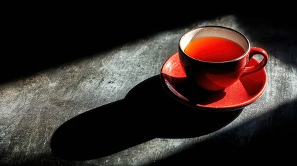 Dramatic Red Tea Cup on Textured Dark Background with Contrasting Light and Shadows Creating a Striking Composition in a High Contrast Photography Style