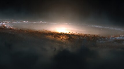 Dramatic Panoramic View of a Galaxy with Bright Central Bulge Surrounded by Clouds and Cosmic Dust in Deep Space