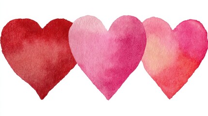 Watercolor Hearts in Shades of Red and Pink on White Background for Valentine's Day and Love Themes
