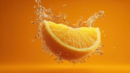 Fresh Orange Slice with Splashing Water on Bright Orange Backdrop Highlighting Brightness and Cleanliness for Healthy Drink and Refreshing Beverage