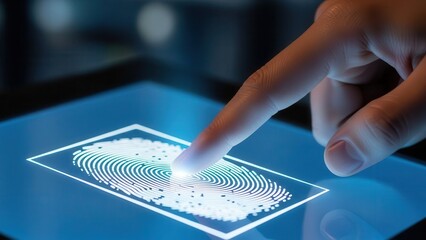 Closeup hand scanning biometric fingerprint on glowing screen for secure digital identity verification