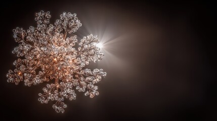 Glistening Snowflake Ornament with Diamond-Like Sparkles in Gentle Warm Illumination against Dark Brown Background