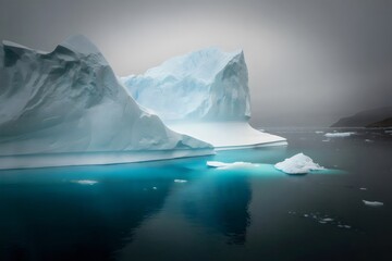 Majestic icebergs in dark ocean waters under stormy sky