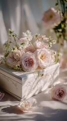 Pale Pink Roses and White Flowers on Ornate Box with Soft Lighting on White Fabric Background