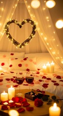 Romantic bedroom scene with heart shaped decor and candles for celebration
