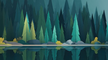 Pixelated Coniferous Forest Landscape with Calm Lake Reflection and Moody Atmosphere in Dark Cyan Color Palette
