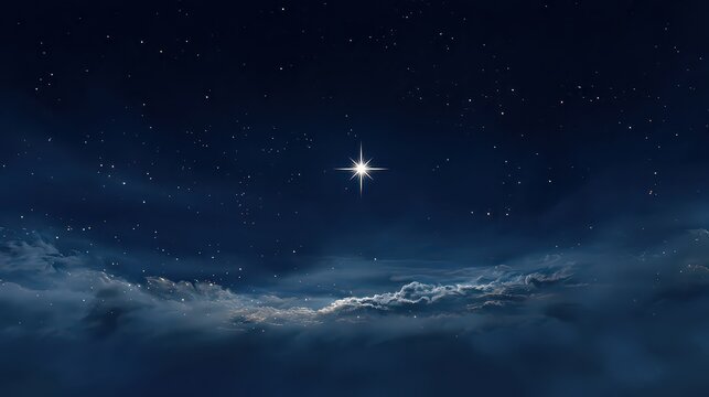 Lone Star Shining Brightly in Dark Blue Night Sky with Clouds and Scattered Stars Creating a Serene Nightscape - Powered by Adobe