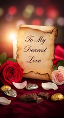 Romantic composition with roses scroll and chocolates for a love concept