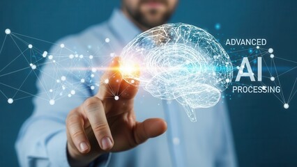 Human hand interacting with digital brain hologram symbolizing neural networks and advanced AI processing systems