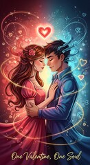 Romantic couple embracing surrounded by hearts and glowing light effects
