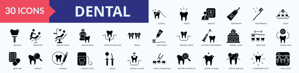 Dental Icon Pack Glyph Style Illustration Vector
