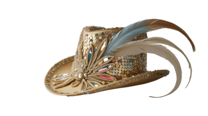 An exquisitely embellished hat adorned with feathers and sparkling accents.