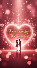 Romantic couple silhouette inside a glowing heart celebrating valentines day