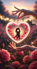 Romantic couple silhouette inside a glowing heart symbol amidst a floral field