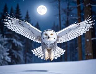 Cinematic white owl flying through snowy forest at night
