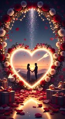 Romantic couple silhouette inside illuminated heart frame against sunset sky