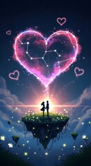 Romantic couple silhouette on floating island beneath glowing heart artwork