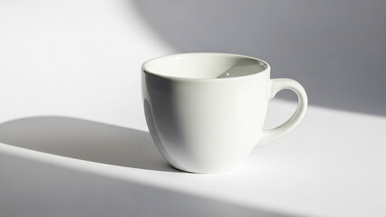 Obraz premium Minimalist white ceramic coffee cup with elegant shadows. High-quality 4K porcelain mug mockup isolated on white background, perfect for cafe branding, kitchenware, and lifestyle design.