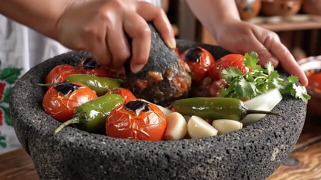 Preparing Traditional Salsa in Molcajete.