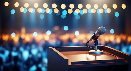 Professional microphone on podium in bright modern auditorium with audience