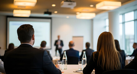 Business professionals attentively listening to presentation in modern conference room