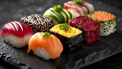 Colorful Sushi Vector Illustration on Dark Slate Plate
