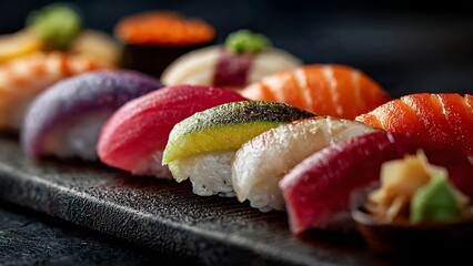 Colorful Sushi Vector Illustration on Dark Slate Plate

