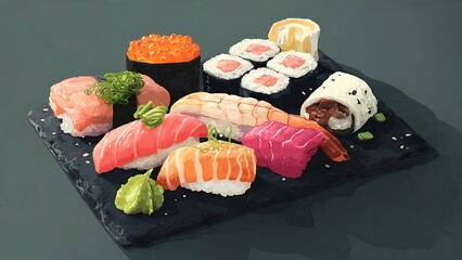 Colorful Sushi Vector Illustration on Dark Slate Plate

