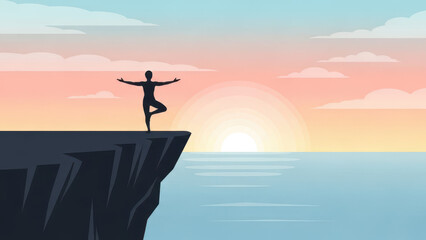 Serene silhouette of a person practicing yoga on a cliff at sunset