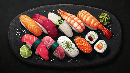 Colorful Sushi Vector Illustration on Dark Slate Plate
