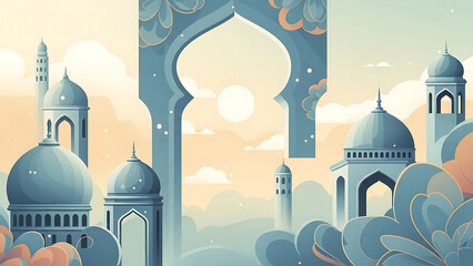 Artistic Islamic background with floating arches and domes, abstract floral patterns, gentle pastel palette