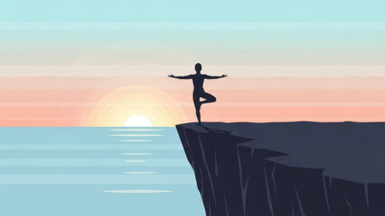 Serene silhouette of a person practicing yoga on a cliff at sunset