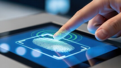 Closeup hand scanning biometric fingerprint on glowing screen for secure digital identity verification