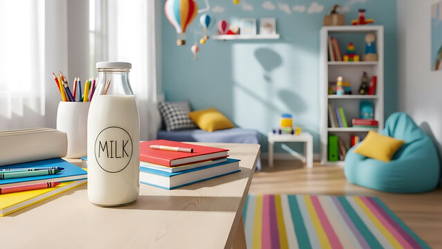 A bottle of fresh milk placed near a stack of school books on a desk in a modern, cheerful kid&rsquo;s bedroom
