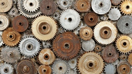 Detailed Close-up of an Assortment of Rusty and Clean Gears with Varied Shapes and Sizes on a Neutral Background