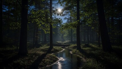 Enchanting Forest Stream Bathed in Ethereal Sunlight.