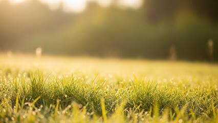 Golden Hour Sunlight Illuminates Dew-Kissed Green Grass Field.