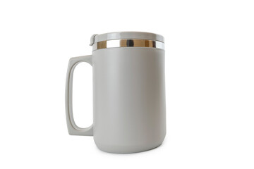 Grey insulated stainless steel coffee mug with handle and lid isolated on a white background.