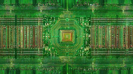 Intricate Green Circuit Board with Microchips and Electronic Components in Detailed Close-Up View